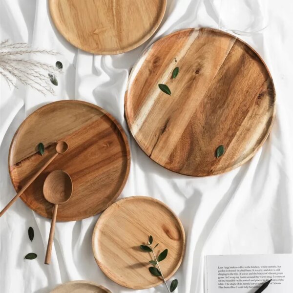 Whole Wood Lovesickness Wood Solid Wooden Pan Plate Fruit Dishes Saucer Tea Tray Dessert Dinner Plate Round Shape Tableware Set