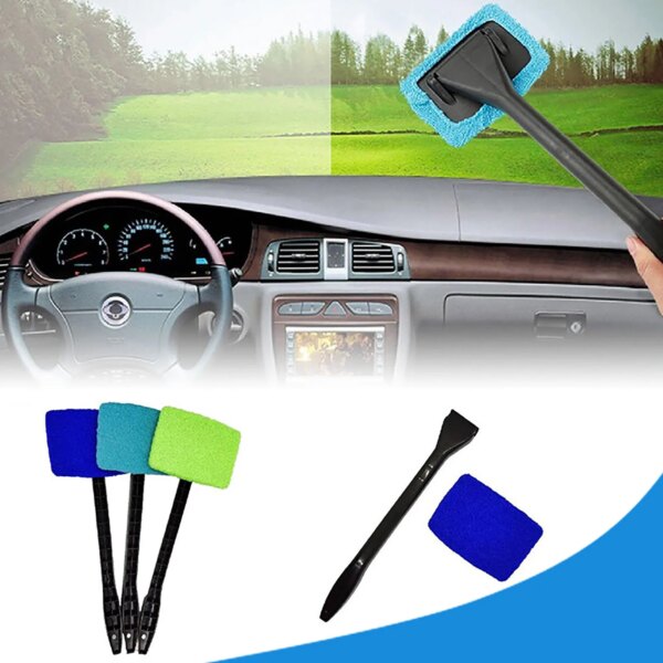 Windshield and Window Cleaner, Machine-Washable Microfiber Cloth Tool on Handle with Pivoting Head for Cleaning Car and RV Glass