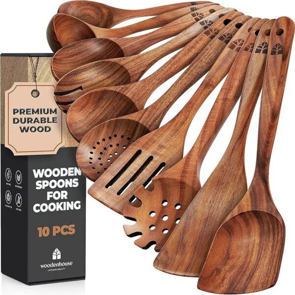 Wooden Spoons for Cooking, 10 Pcs Teak Wood Cooking Utensil Set – Wooden Kitchen Utensils for Nonstick Pans & Cookware – Sturdy,