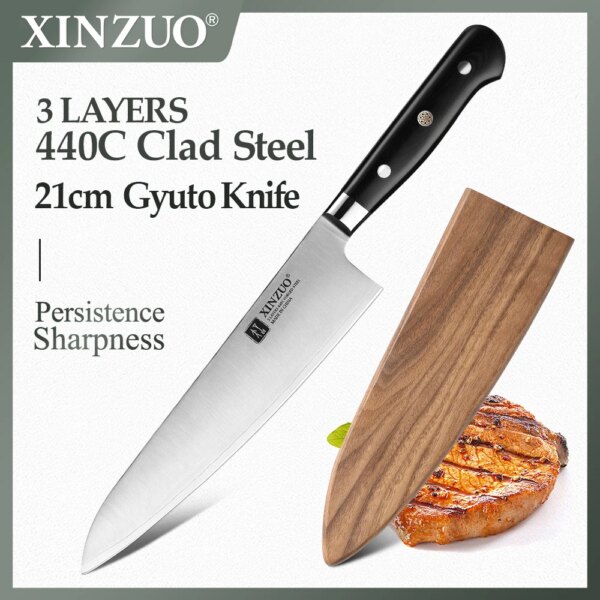 XINZUO 210mm Chef Knife 3 Layer 440C Core Clad Steel Kitchen Knives Stainless Steel Sharp Butchers Gyutou Knife with G10 Handle