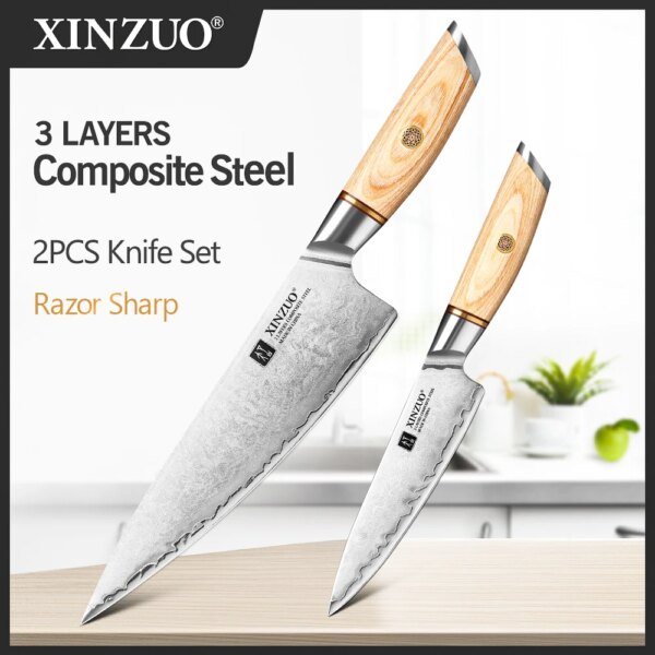 XINZUO 2pcs Knife Set Forged Steel Japanese Sharp Chef Utility Knife Forging Kitchen Knives Pakkawood Handle