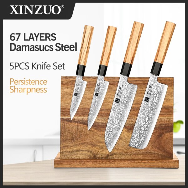 XINZUO 5PCS Kitchen Knives Tools Sets Damascus Steel Nakiri Santoku Utility Paring Knife with Magnetic Acacia Wooden Knife Stand