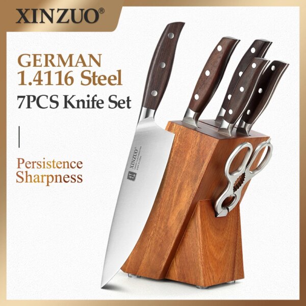 XINZUO 7PCS Kitchen Knife Set Forged German 1.4116 Stainless Steel Sharp Chef Santoku Paring Cleaver Kitchen Scissors Tool Set