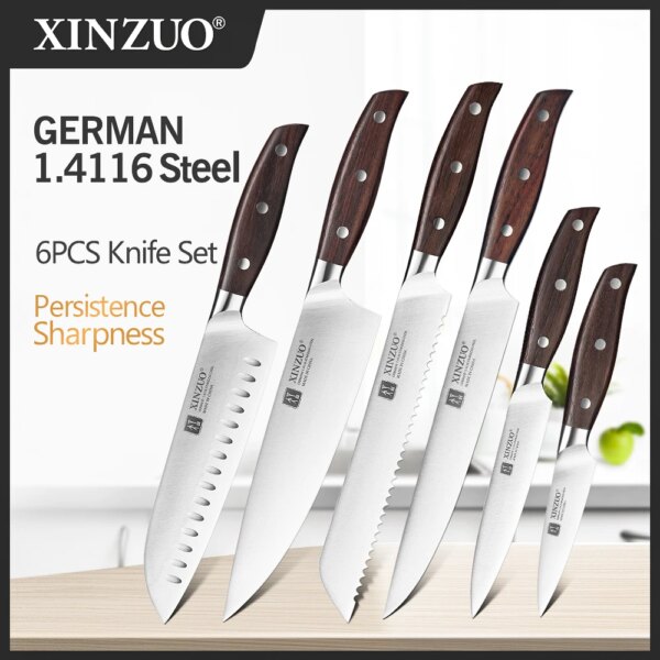 XINZUO Kitchen Tools 6 PCS Kitchen Knife Set of Utility Cleaver Chef Bread Knife High Carbon German Stainless Steel Knives Sets