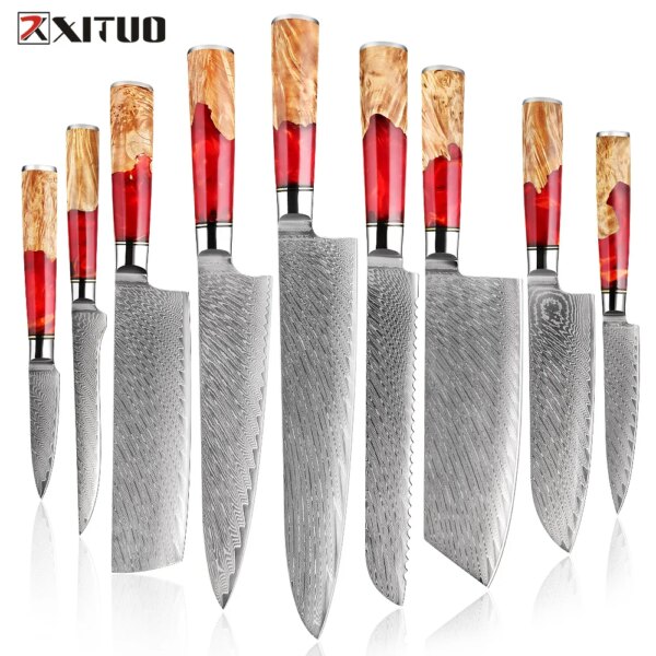 XITUO 1-9 PCS Kitchen Knife Sets  Japanese High-End Damascus Steel Cleaver Santoku Knives Chef Utility Cooking Tools Red Resin