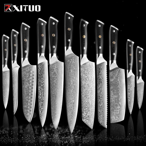 XITUO 1-9Pcs Damascus knives Set G10 Handle VG10 core 67 layers Damascus steel Chef Santoku Knife Cleaver Paring Bread Knife