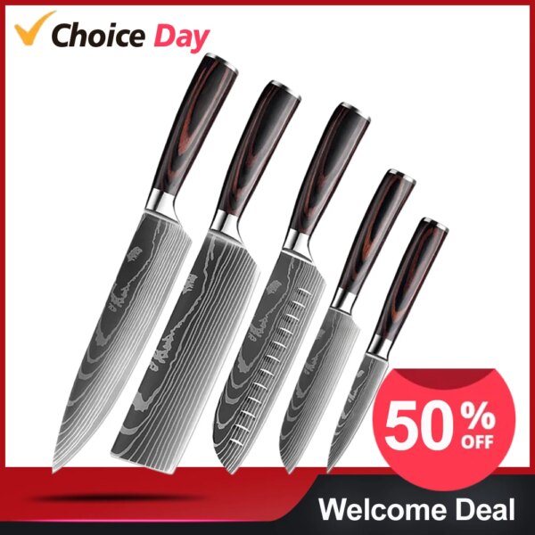 XITUO Pro Kitchen Chef Knife Super Sharp Stainless Steel Cleaver Laser Damascus Pattern Vegetable Santoku Knives 1-5PCS Set