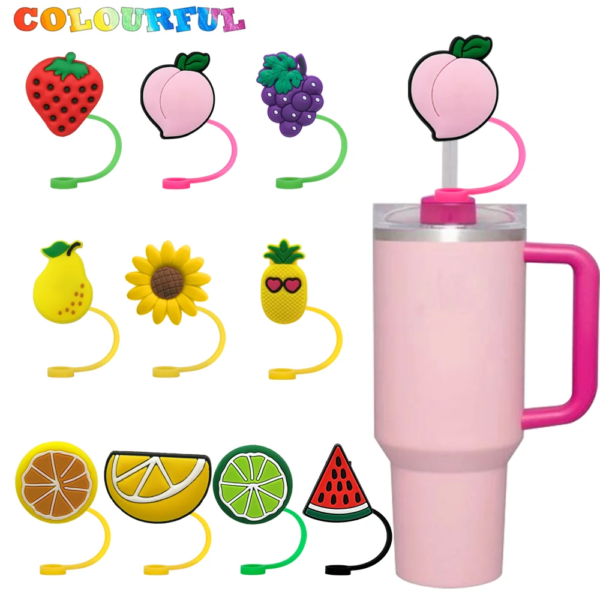 1-10Pcs Silicone Fruit Series Straw Covers Cap, 10mm Pink Peach Straw Topper,Party Supplies Reusable Splash Dustproof Glass Tip