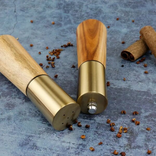 1/2pcs Kitchen Tools Pepper Kosher Salt Grinder Metal Acacia Wood Pepper Mill Set,Stainless Steel/wood Household Spice Bottle