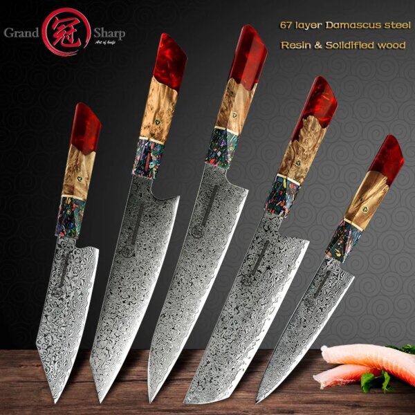 1-5 Pcs Japanese Kitchen Knife Sets Real Damascus Knife AUS-10 Steel Chef Utility Knives Meat Slicing Cutting Tools Grandsharp