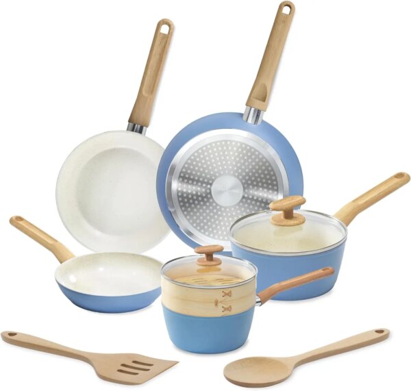 10-Piece Healthy Ceramic Titanium-Infused Cookware Set with Pots, Pans, Steamer, Spoon, and Turner, Nonstick Pots