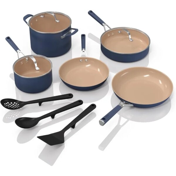 11 Piece Cookware Set, Comfortable Handle, Non Stick Pot Dishwasher Safe, All Stoves and Sensors Compatible, Navy Blue