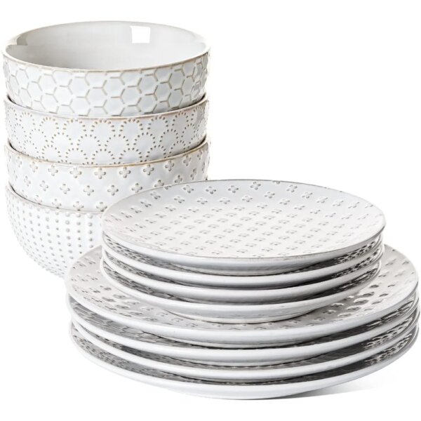 12 Piece Ceramic Dinnerware Set for 4 , Dishwasher and Microwave Safe, Suitable for Gift Giving, STACKABLE, LESS SPACE