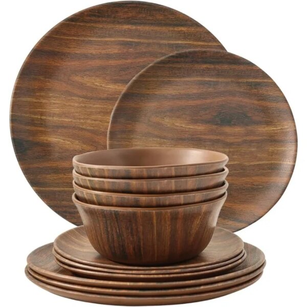 12-Piece Dinnerware Set, Melamine Dishes Set with Bowls and Plates, Non-breakable Lightweight Dinner Service for 4, Wood Grain