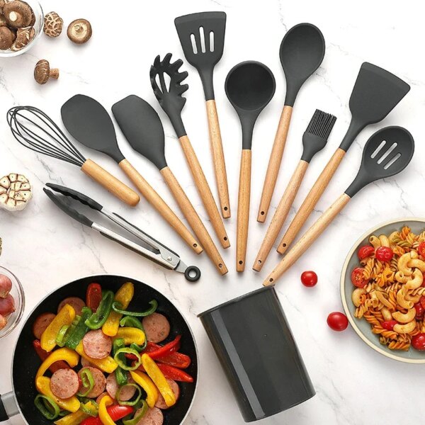 12 Pieces Silicone Kitchen Utensils Set Non-Stick with Wooden Handles Includes Shovel Cooking Utensils Kitchenl Accessories