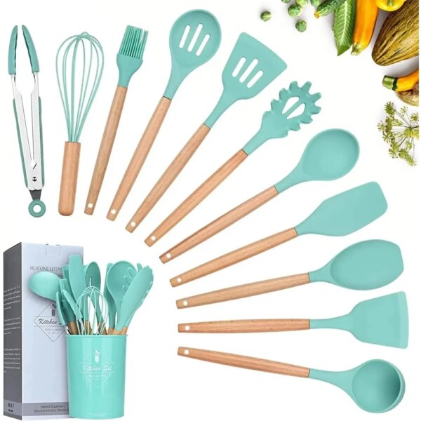 12PC Silicone Utensils Cooking Spatula Turner Heat Resistant Tools Wooden Handle Nonstick Non Scratch Cookware Kitchen Gadgets