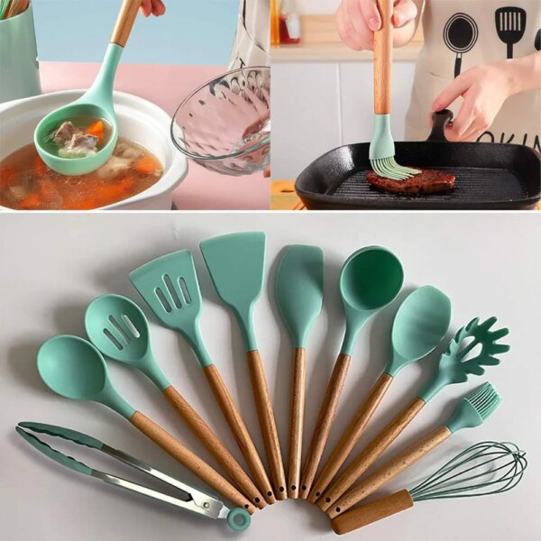 12Pcs Food Grade Silicone Kitchen Cookware Utensils Turner Spatula Spoon Wooden Handle Practical Cooking Tool Kitchenware Set