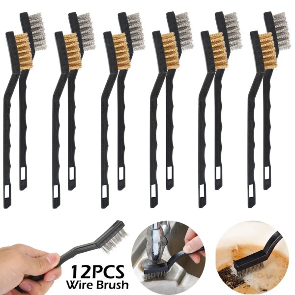 12Pcs Mini Stainless Steel Rust Brush Brass Cleaning Polishing Detail Metal Brush Wire Toothbrush Cleaning Tool Family Kit