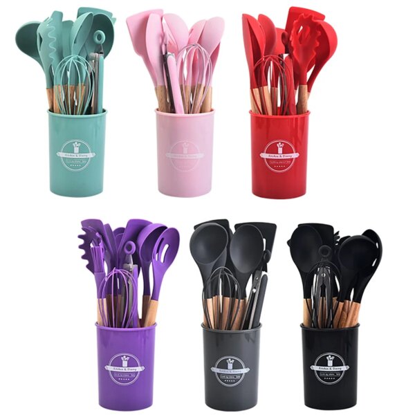 12Pcs Silicone Kitchen Utensils Cooking Wooden Handle Non Stick Pot Kitchenware Set Storage Bucket Silicone Kitchen Utensils