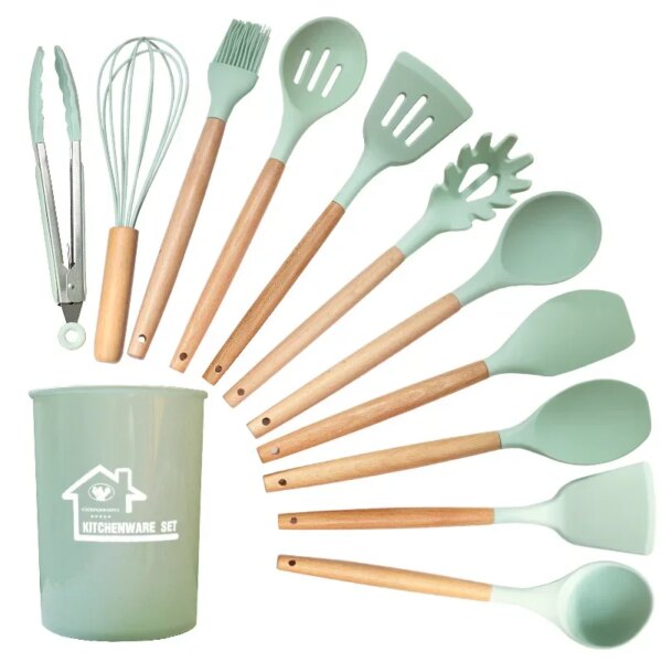 12Pcs Silicone Kitchen Utensils Spatula Shovel Soup Spoon Cooking Tool with Storage Bucket Non-Stick Wood Handle Kitchen Gadgets