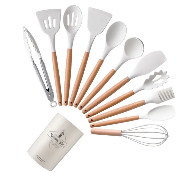 12Pcs Silicone Utensils Set Non-Stick Cookware Spatula Shovel Egg Beaters Wooden Handle Kitchenware Home Kitchen Cooking Tools