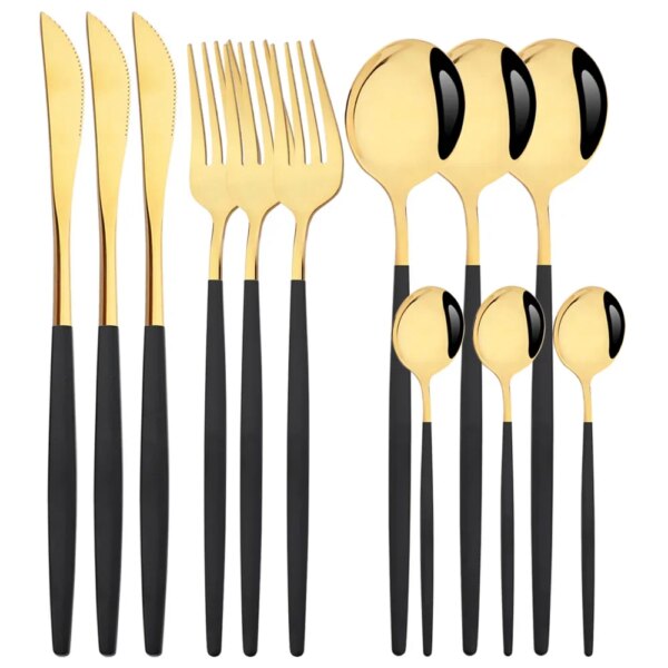 12Pcs Stainless Steel Silverware Set Black Gold Western Knife Fork Spoon Dinnerware Mirror Tableware Set Wedding Cutlery Set