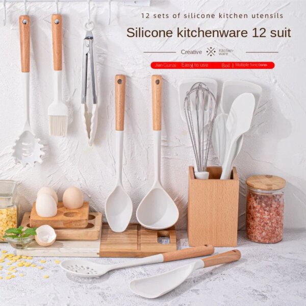 12pcs Silicone Utensil Set - Heat Resistant Non-Stick Kitchen Cooking Tools with Wooden Handles