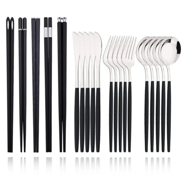 15-20Pcs Korean Dinnerware Set Black Silver Cutlery Set Chopsticks Knife Fork Spoon Stainless Steel Luxury Tableware Set