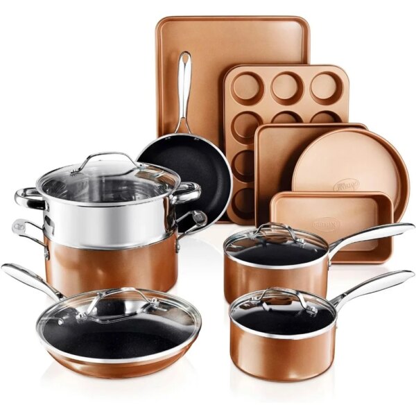 15 Pc Copper Pots and Pans Set Non Stick Cookware . Kitchen  s, stick  ,   Pot  Pan