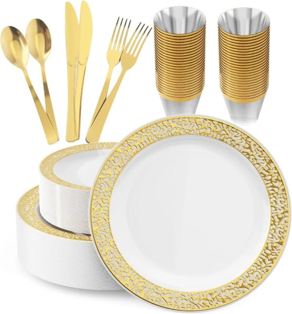 150 Count Gold Dinnerware Set, Elegant Plastic Plates Disposable Include: 25 Gold Lace Plastic Plates, 25 Dessert Plates