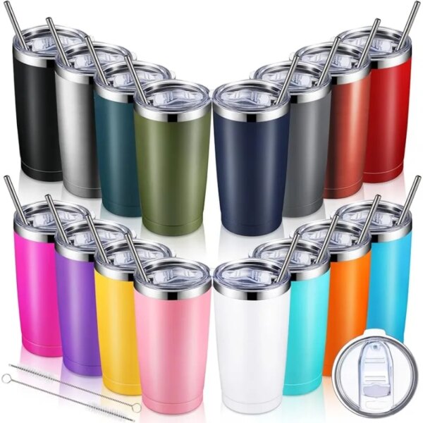 16 Pack Insulated Travel Tumblers 20 Oz Stainless Steel Tumbler Cup with Lid and Straw Powder Coated Coffee Mug