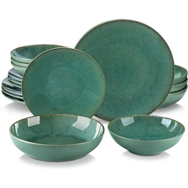 16 Pieces Dinnerware Set, Round Dish Set, Plates and Bowls Set, Green, dishwasher and microwave safe, Suitable for gift giving