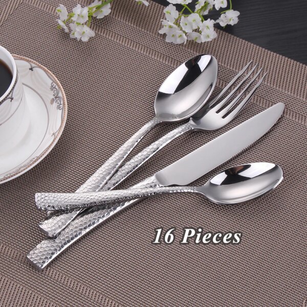 16 Pieces Hammered Handle Mirror Dinnerware Knife Fork Spoon For 4 Cutlery Set Stainless Steel Western Kitchen Silverware Set