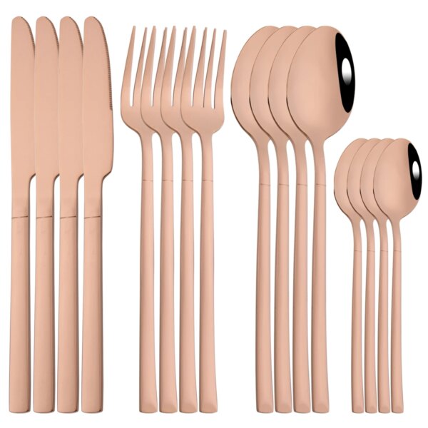 16Pcs Rose Gold Dinnerware Set Knife Fork Coffee Tea Spoon Cutlery Set Stainless Steel Tableware Western Home Kitchen Flatware