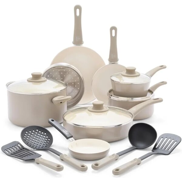 Healthy Ceramic Nonstick 16 Piece Kitchen Cookware Set Pots and Frying Sauce Saute Pans Set, PFAS-Free, Taupe