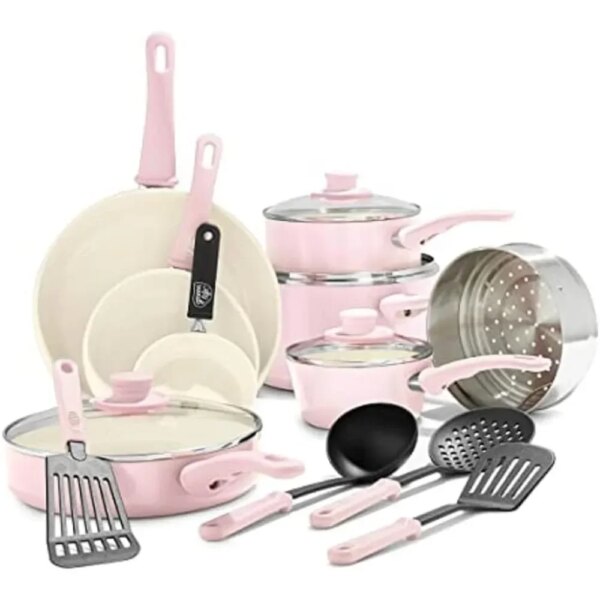 Healthy Ceramic Nonstick 16 Piece Kitchen Cookware Set Pots and Frying Sauce Saute Pans Set, PFAS-Free , Soft Pink