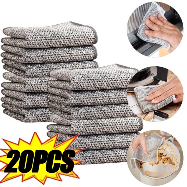 New Thickened Steel Wire Cleaning Cloth Non-Scratch Double-layer Iron Microfiber Mesh Dishrag Washing Pot Rags Kitchen Towels