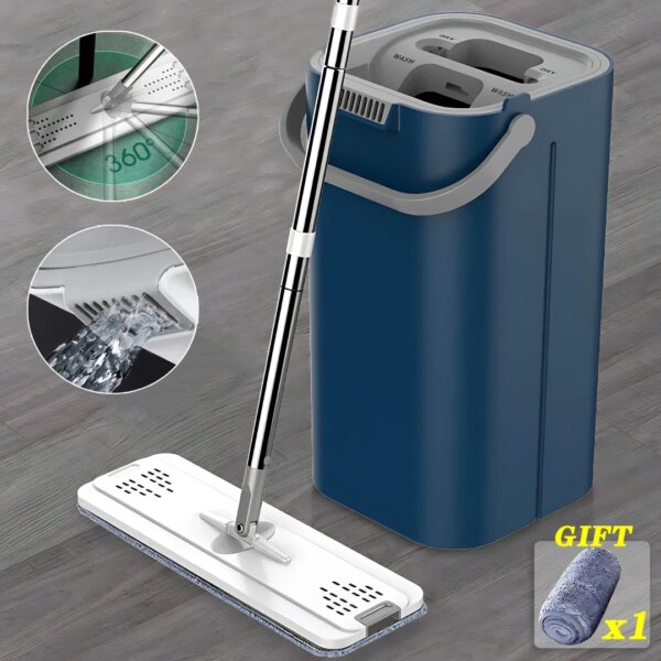 Floor Magic Flat Squeeze Mop with Bucket Hand Free Lazy Cleaning Mop Microfiber 360 Rotating Self-Wringing Mop House Cleaning