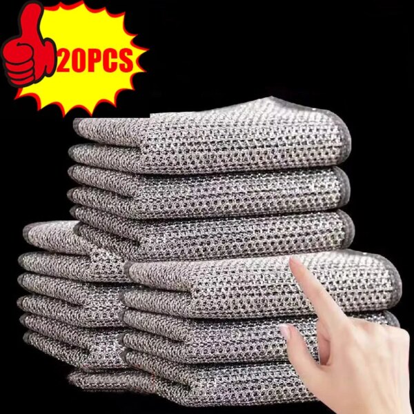 20/1pcs Cleaning Cloth Thickened Sided Metal Steel Wire Rags Kitchen Dish Pot Washdishing Cloths Towel Clean Tools No Oil Stains