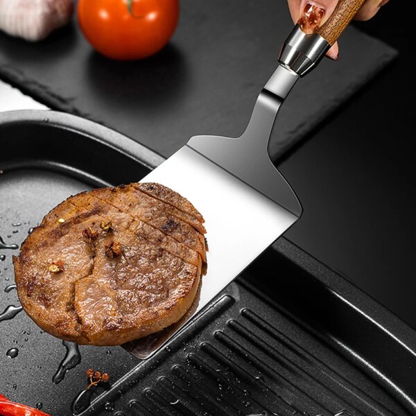 1PC Stainless Steel Steak Spatula Pancake Scraper Turner Grill Beef Fried Pizza Shovel With Wood Handle Kitchen BBQ Tools