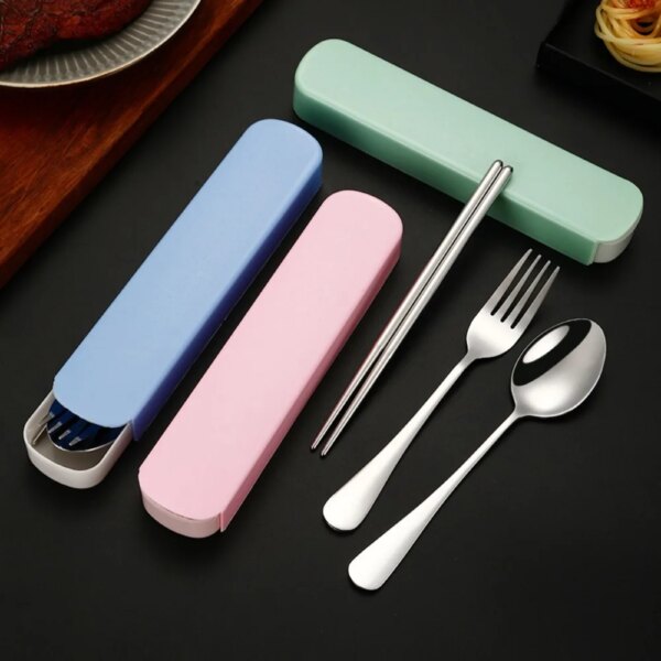 2/3pcs Stainless Steel Cutlery Set Fork Outdoor Spoon Chopstick School with Box Tableware Set Family Camping Steak