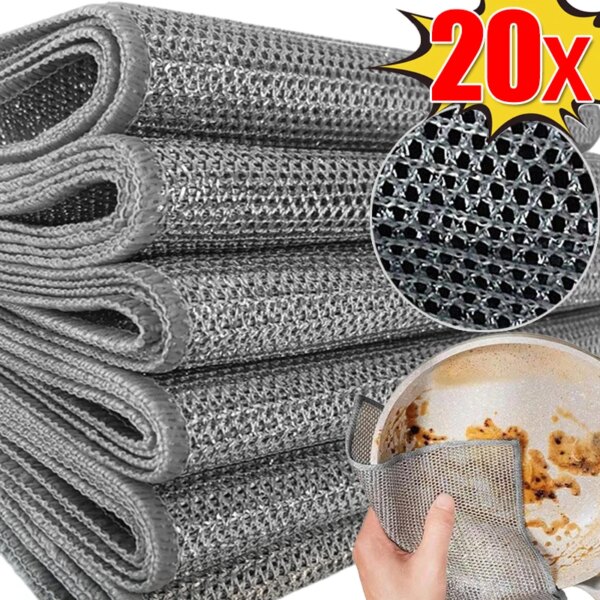 20/1pcs Magic Dishcloth Silver Wire Cleaning Cloth Thickened Microfiber Kitchen Pot Dish Washing Towel Steel Wire Rags Cloths