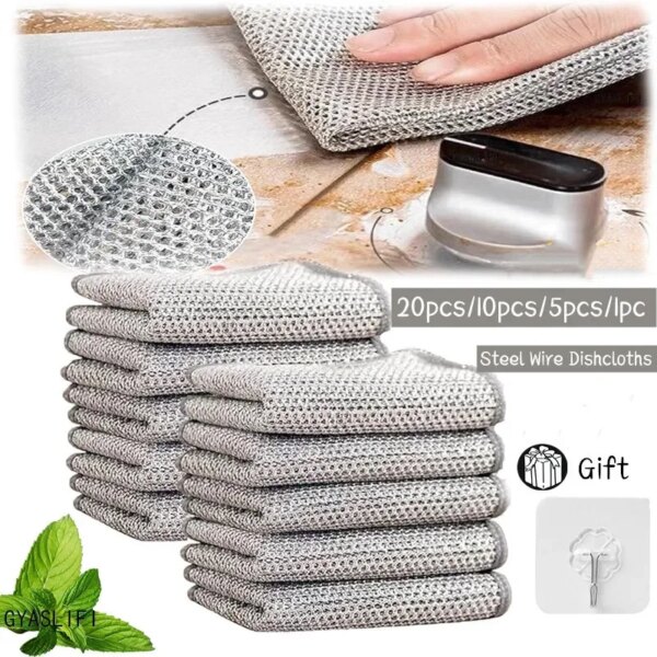 20cm Steel Wire Dishcloths Double -layer Non -stick Oil Iron Dishrag Kitchen Pan Pot Dishes Cleaning Rag Napery Dishcloth Rags