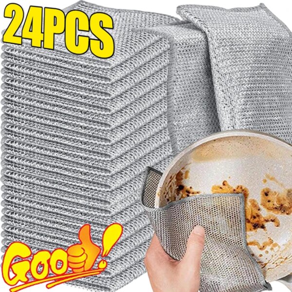 24/1pcs Magic Cleaning Cloth Thickened Double-sided Metal Steel Wire Rags Kitchen Microwave Stove Pot Washing Dish Cloths Towel