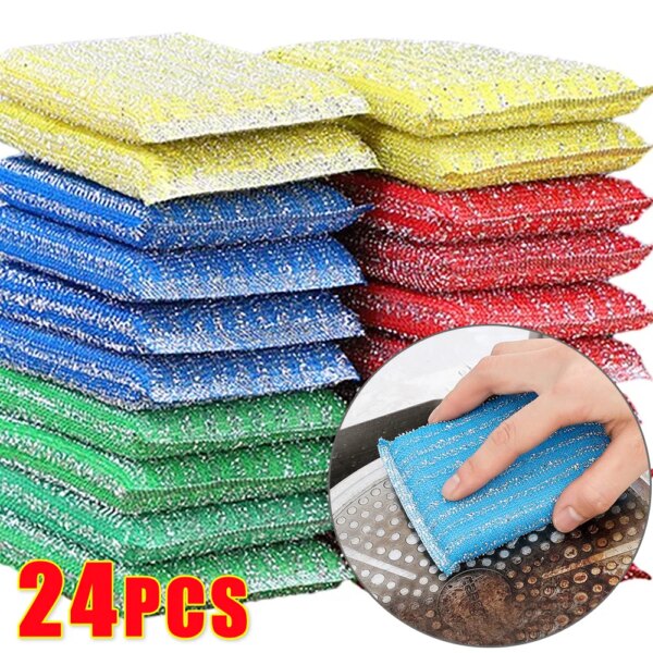 24/4PCS Kitchen Dishwashing Sponge Thickened Double Side Scouring Pad Tableware Dish Washing Brush Household Cleaning Supplies