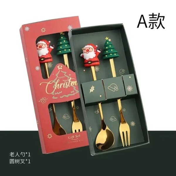 2PCS Christmas Gift Glod Spoon Fork Set Elk Christmas Tree Decoration Dessert Scoop Fruit Fork Coffee Spoon Cutlery Set