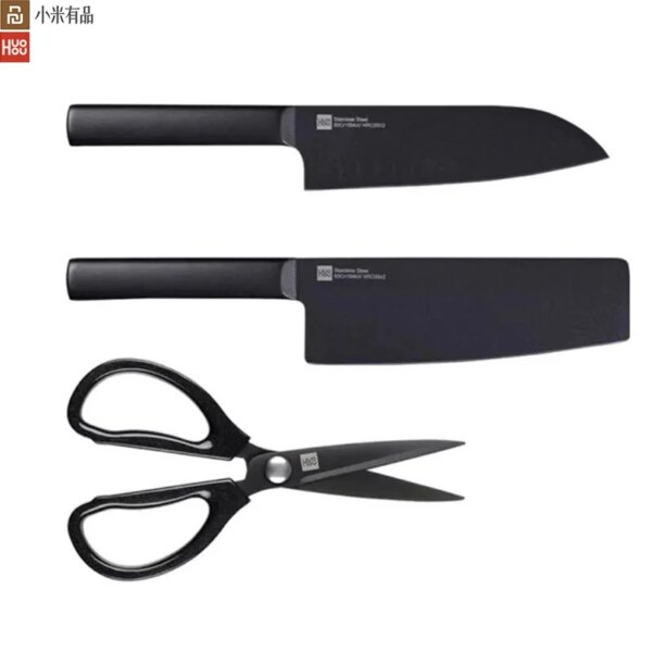 2Pcs Huohou Cool Black Kitchen Knife Scissor Non-Stick Stainless Steel Knife Set 307mm Slicing Knife+298mm Chef for xiaomi Knife