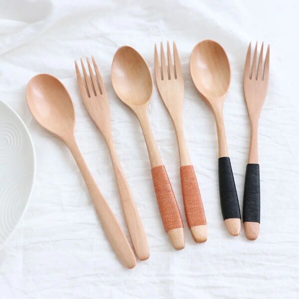 2Pcs Natural Wooden Spoon Fork Creative Japanese Cutlery Set Household Tea Coffee Spoon Rice Soups Kitchen Tools Tableware