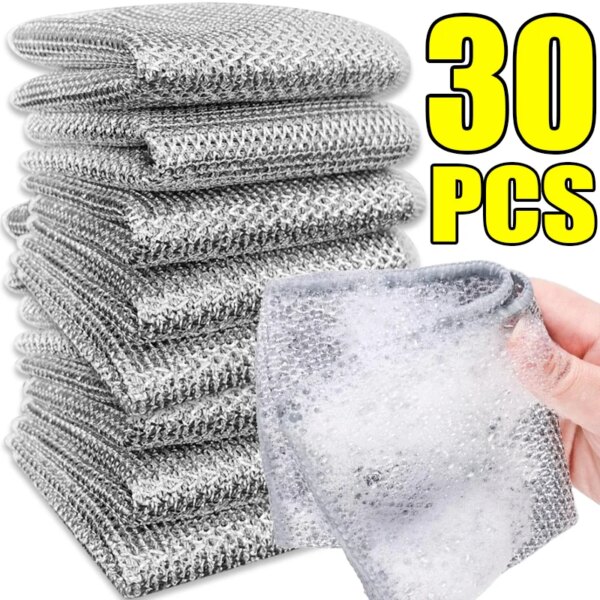 30/1PCS Steel Wire Cleaning Cloth Double-layer Non-stick Oil Dishcloth Kitchen Pan Pot Washdishing Cloths Home Cleaning Rags