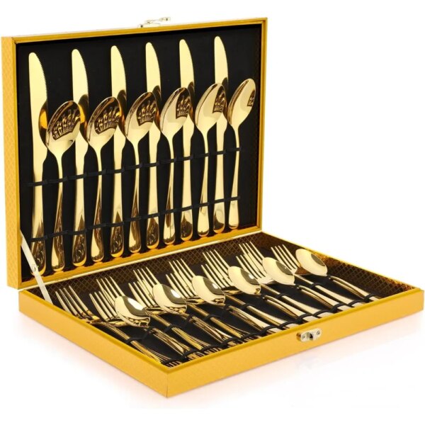 30-Piece Stainless Steel Silverware Set Service for 6, Flatware Sets, Gold Silverware Set